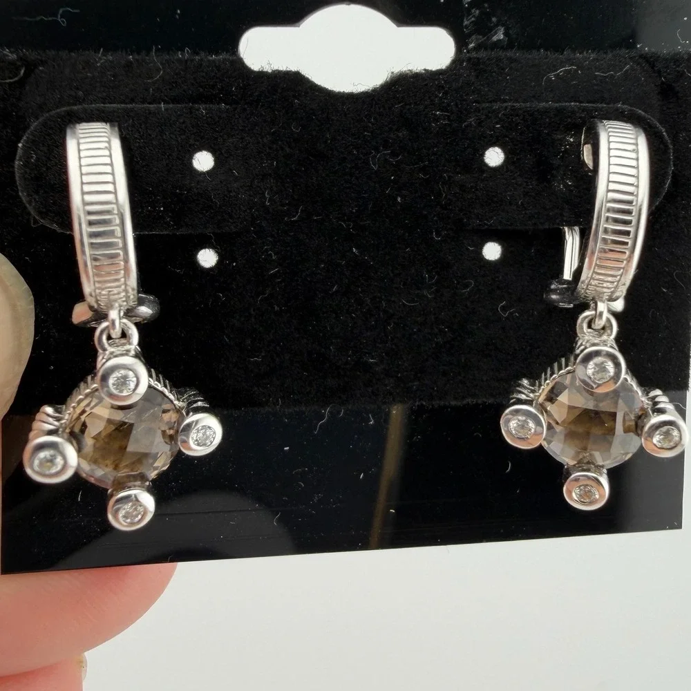 Judith Ripka Womens OS Silver Smoky Quartz CZ Drop Earrings Ribbed Texture